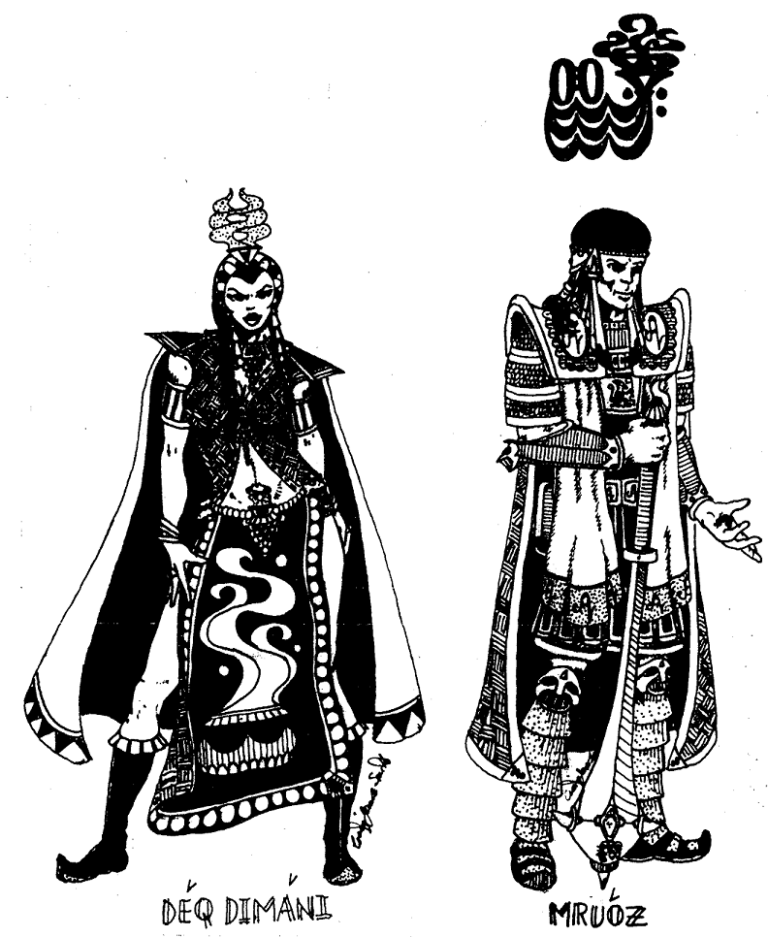 Two figures standing, a woman and a man.  The woman is Lady Deq Dimani, the ruler of the island of Vridu.  The man is Mruoz, an officer of the Incandescent Blaze Society.