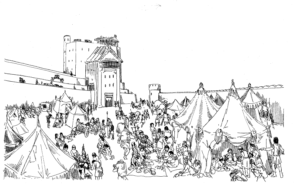 A marketplace with tents, people, and wares being sold with a Sakbe-road and Sakbe-road tower in the background. A town wall is to the right and behind the tents.