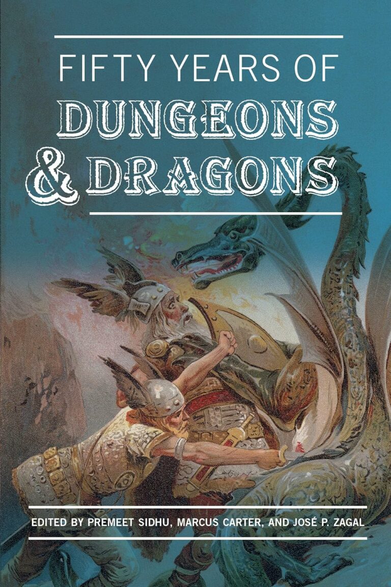 Cover of "Fifty Years of Dungeons & Dragons" from MIT Press.  The cover art shows two "Norse" warriors battling against a dragon, who is breathing fire on them.