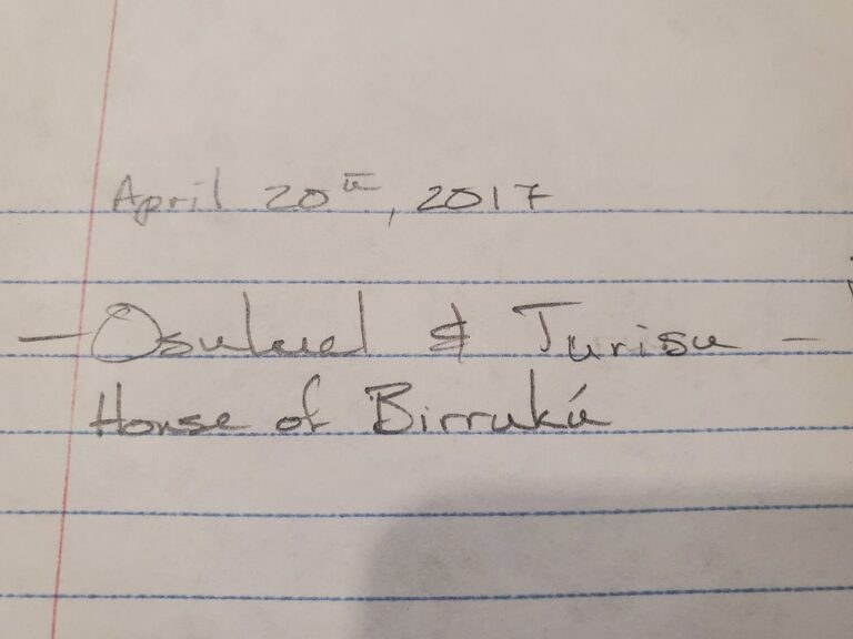 Lined paper reading: "April 20th, 2017.  Osuluel & Turisu, House of Birruku"