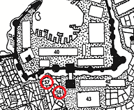 Map detail of the city of Jakalla, showing the location of the Armoury and Marine Outfitting Workshop of Grékka the Yán Koryáni, and the Armoury and Smithy of Ghrý of the Vermilion Helm.