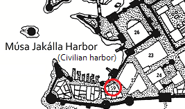 Map detail of the city of Jakalla, showing the location of the Armoury and Marine Outfitting Workshop of Hlél, the Fist of Glory.