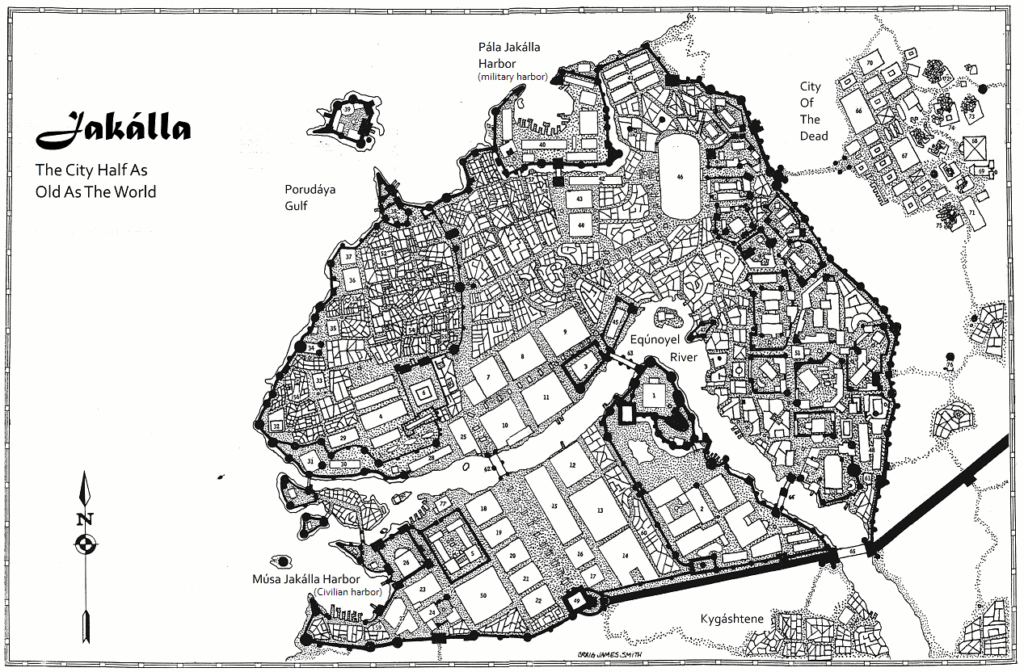 Black and white map of the city of Jakalla, showing the city itself as well as the City of the Dead, the village of Kygashtene, and other features outside the city walls.