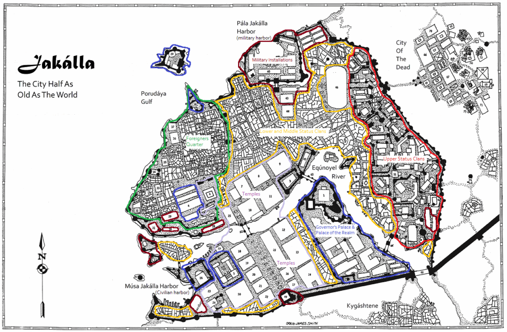 Black and white map of the city of Jakalla, including boundaries for urban geography, including the Foreigners Quarter, the Governors Palace, various Temples, and where different status clans live.