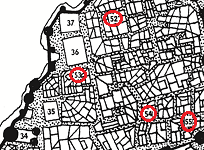 Map detail of the Foreigners Quarter in the city of Jakalla, showing the locations of the Armoury of Bushétra the Smith, the Armoury of the Silver Gauntlet, the Armoury of Vrí of Púrdimal, and the Armoury of the Omniscient Eye of the Emperor.