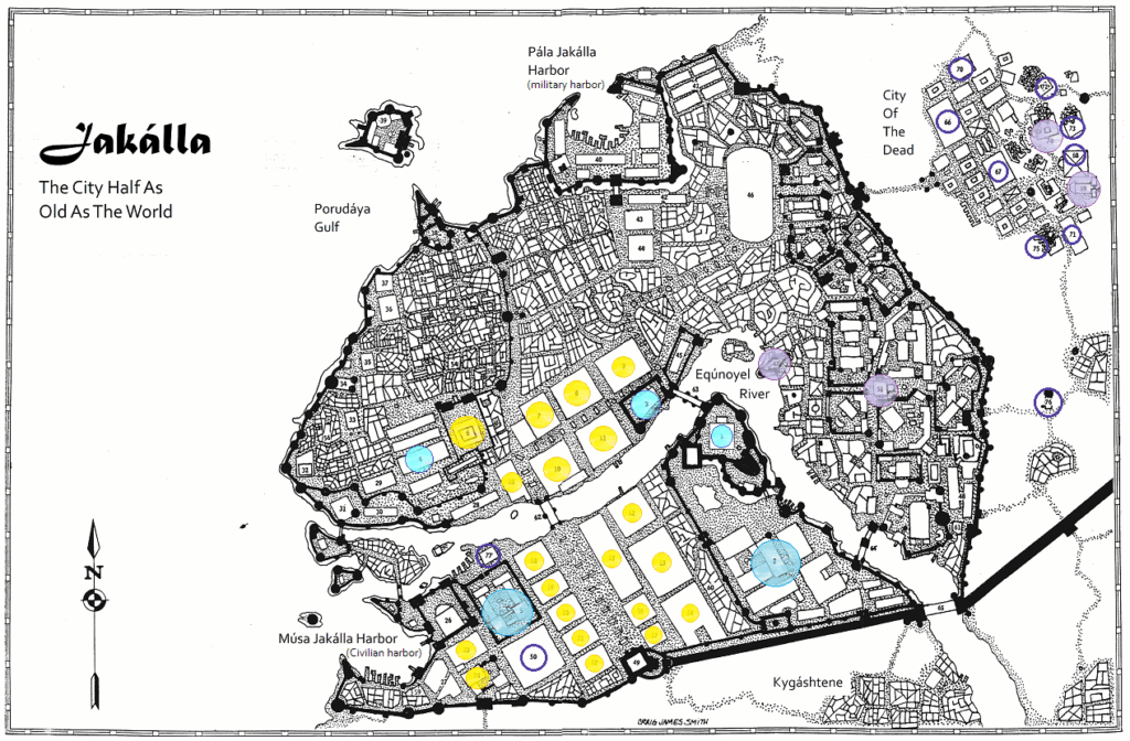 A map of the city of Jakalla, showing the various locations of possible Underworld entrances, under temples, governmental buildings, tombs, and other places of mystery.