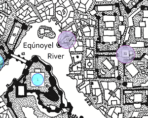A section of the map of the city of Jakalla, showing possible Underworld entrances unde the governor's palace, the Fortress of Ssirandar, and the Ancient Ruined Temple of the Unknown God.