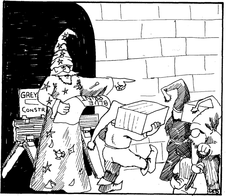 Wizard with pointy hat and blue prints standing in front of a darkened entrance, directing dwarves with boxes where to go.